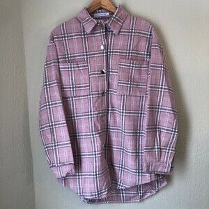 Blush Pink/Gray Plaid Striped Button Up Flannel Long Sleeve Shacket Cozy Comfy